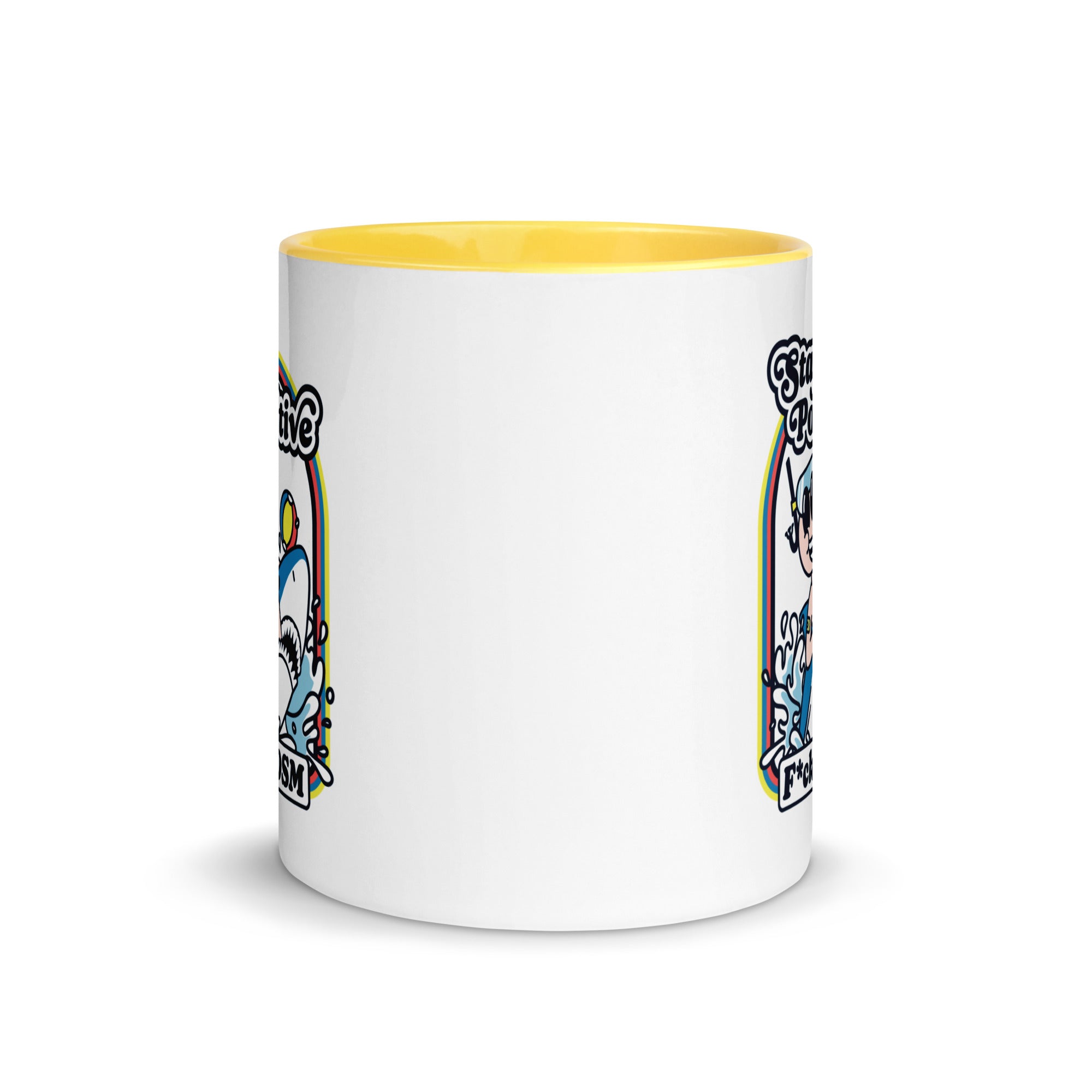 Taza blanca y amarilla de 325 ml con diseño personalizado, bonito, moderno, artístico, simbólico y urbano. Con significado profundo inspirado en la psicología.