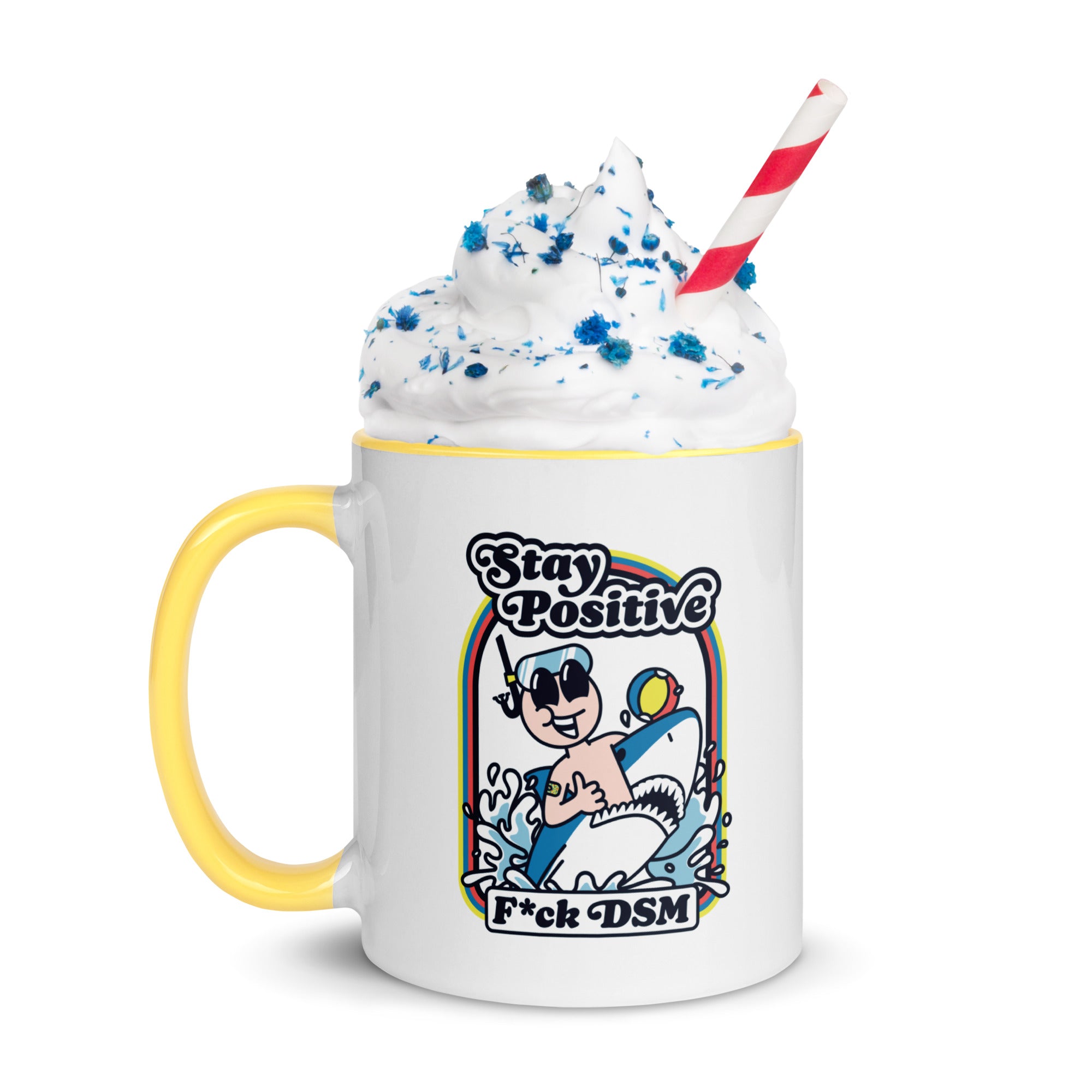 Taza blanca y amarilla de 325 ml con diseño personalizado, bonito, moderno, artístico, simbólico y urbano. Con significado profundo inspirado en la psicología.