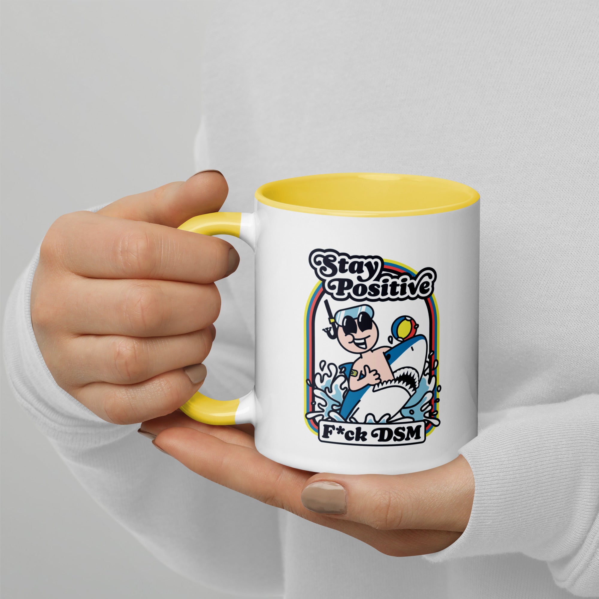 Taza blanca y amarilla de 325 ml con diseño personalizado, bonito, moderno, artístico, simbólico y urbano. Con significado profundo inspirado en la psicología.