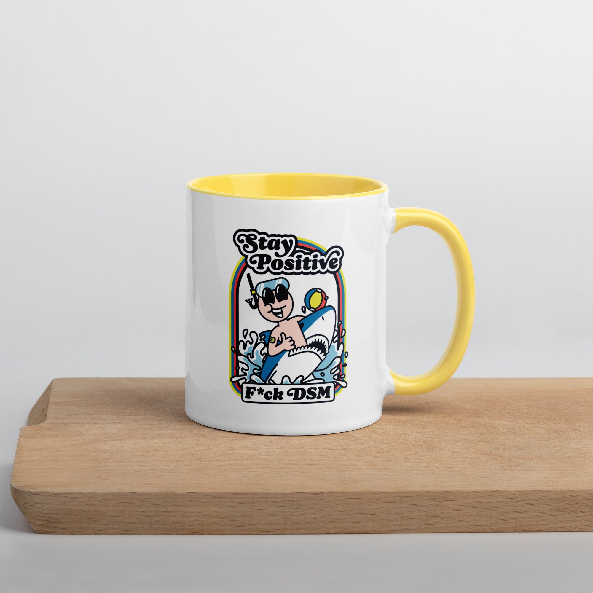 Taza blanca y amarilla de 325 ml con diseño personalizado, bonito, moderno, artístico, simbólico y urbano. Con significado profundo inspirado en la psicología.
