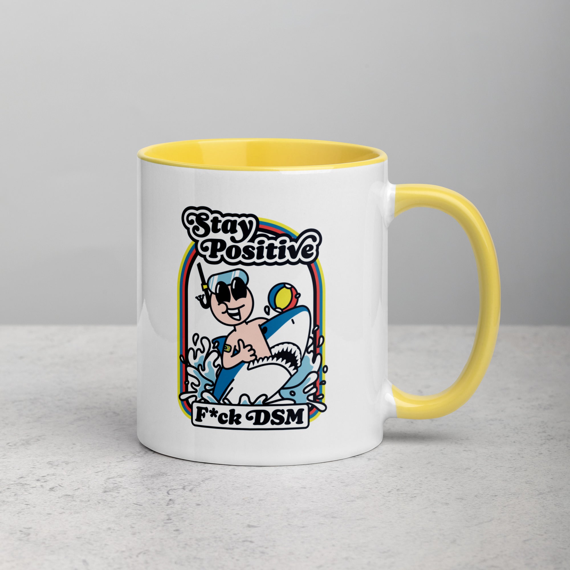 Taza blanca y amarilla de 325 ml con diseño personalizado, bonito, moderno, artístico, simbólico y urbano. Con significado profundo inspirado en la psicología.